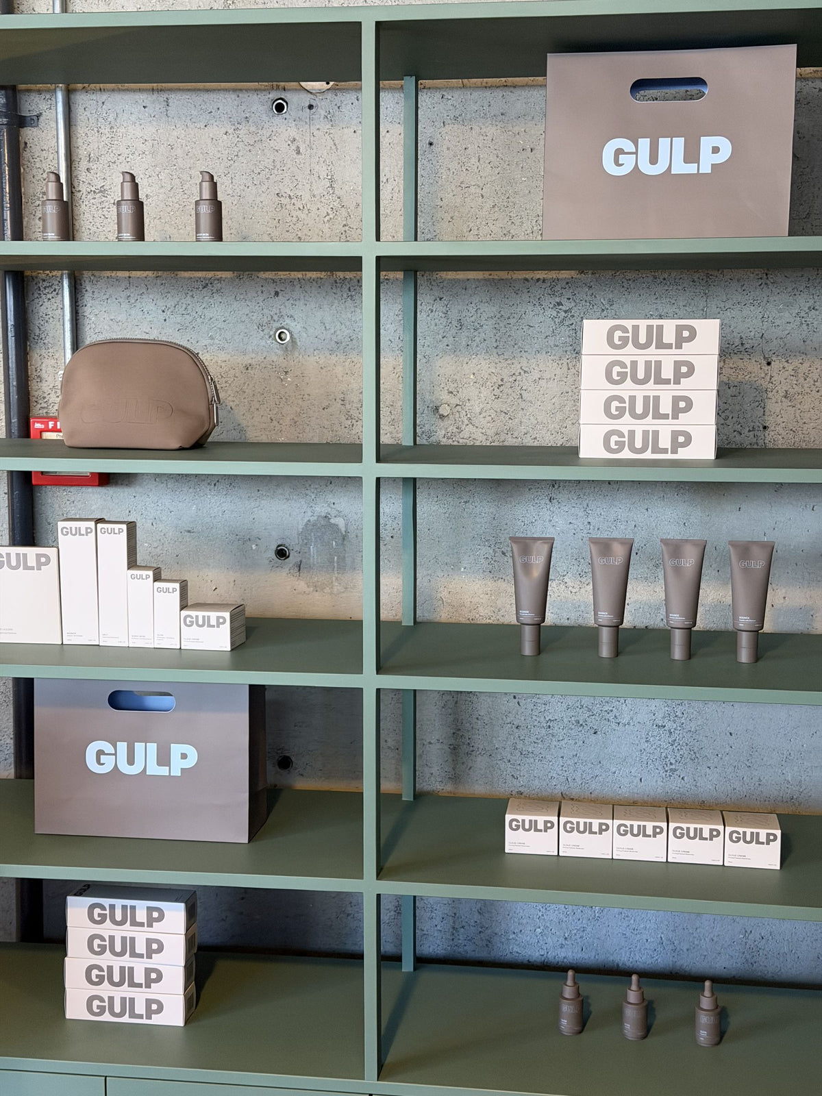GULP skincare on the green retail shelves at The Facialist studio, City Works Depot, Auckland