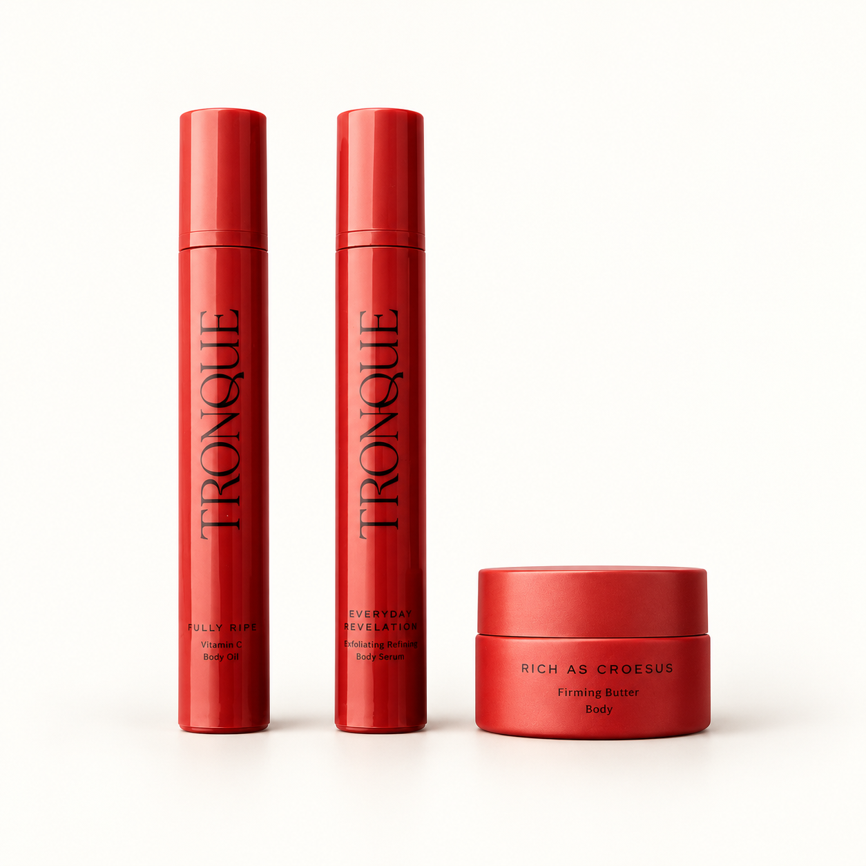 Tronque Body Essentials Mini Trio: Fully Ripe Vitamin C Body Oil, Everyday Revelation Exfoliating Refining Serum and Rich as Croesus Firming Butter