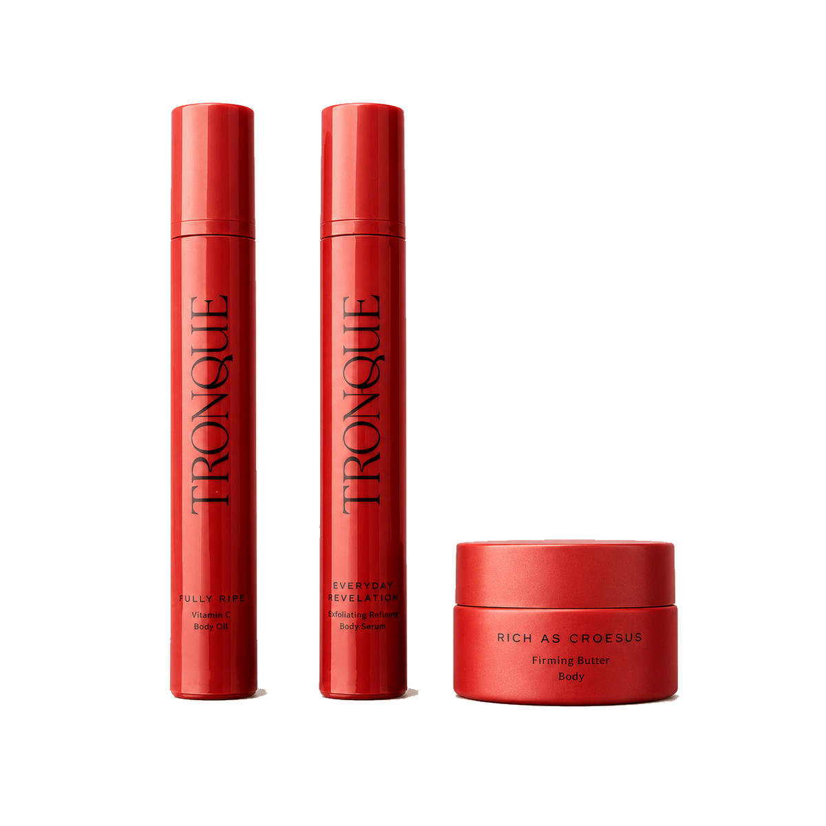 Tronque Body Essentials Mini Trio with body oil, exfoliating serum and firming butter.